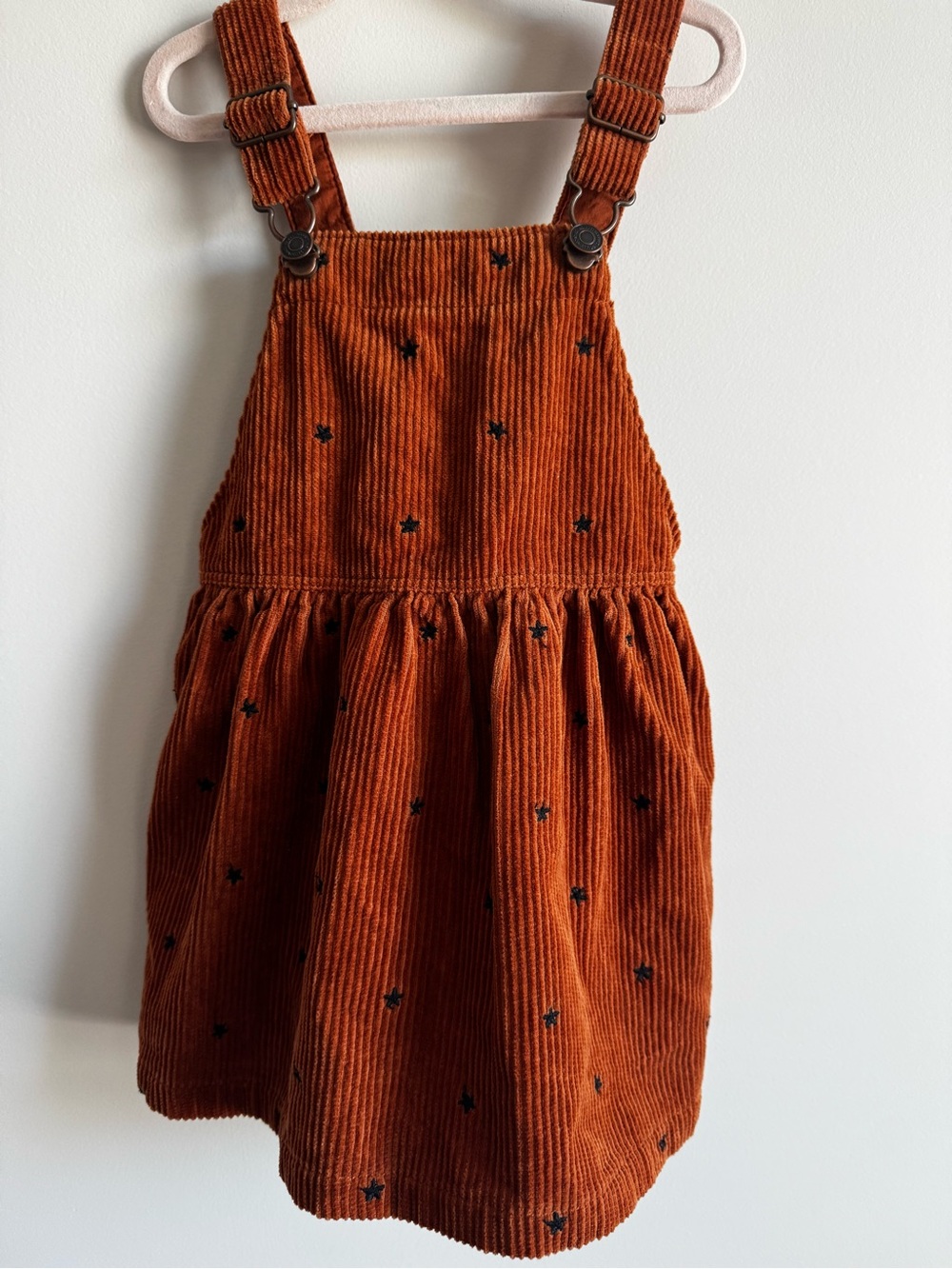 Zara Rust Corduroy Overall Dress with Black Star Embroidery